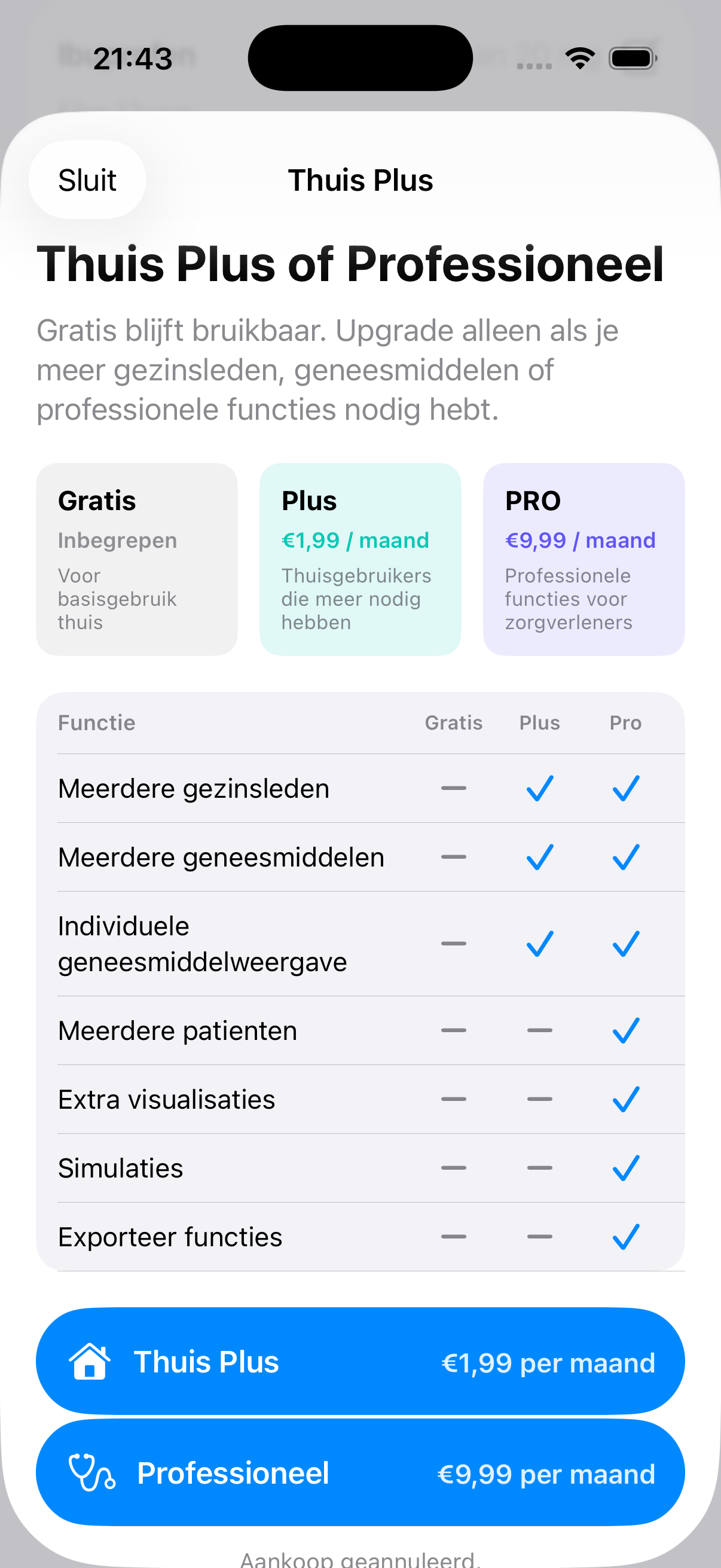 Paywall met Gratis, Thuis Plus en Professioneel