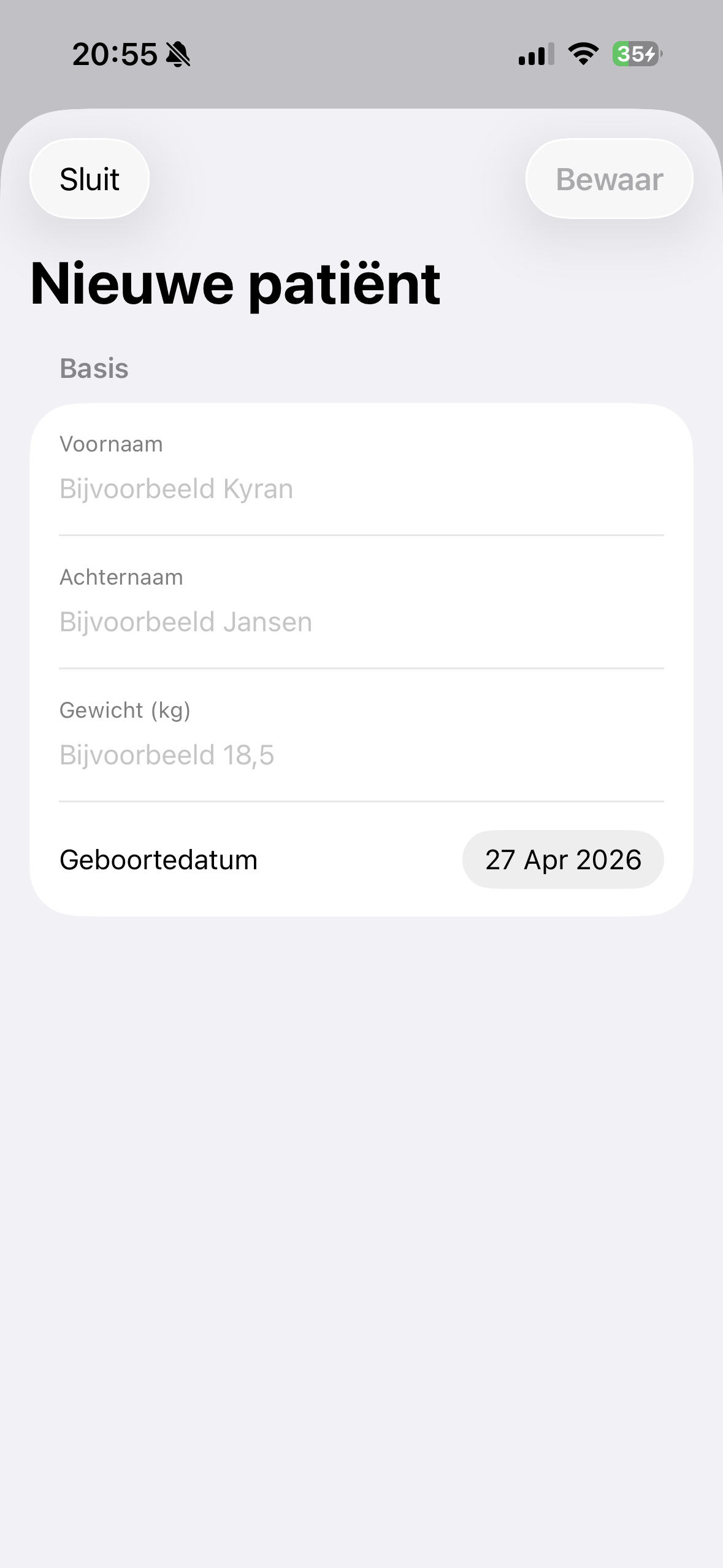 Nieuwe patient invoeren in Analgesie Professional