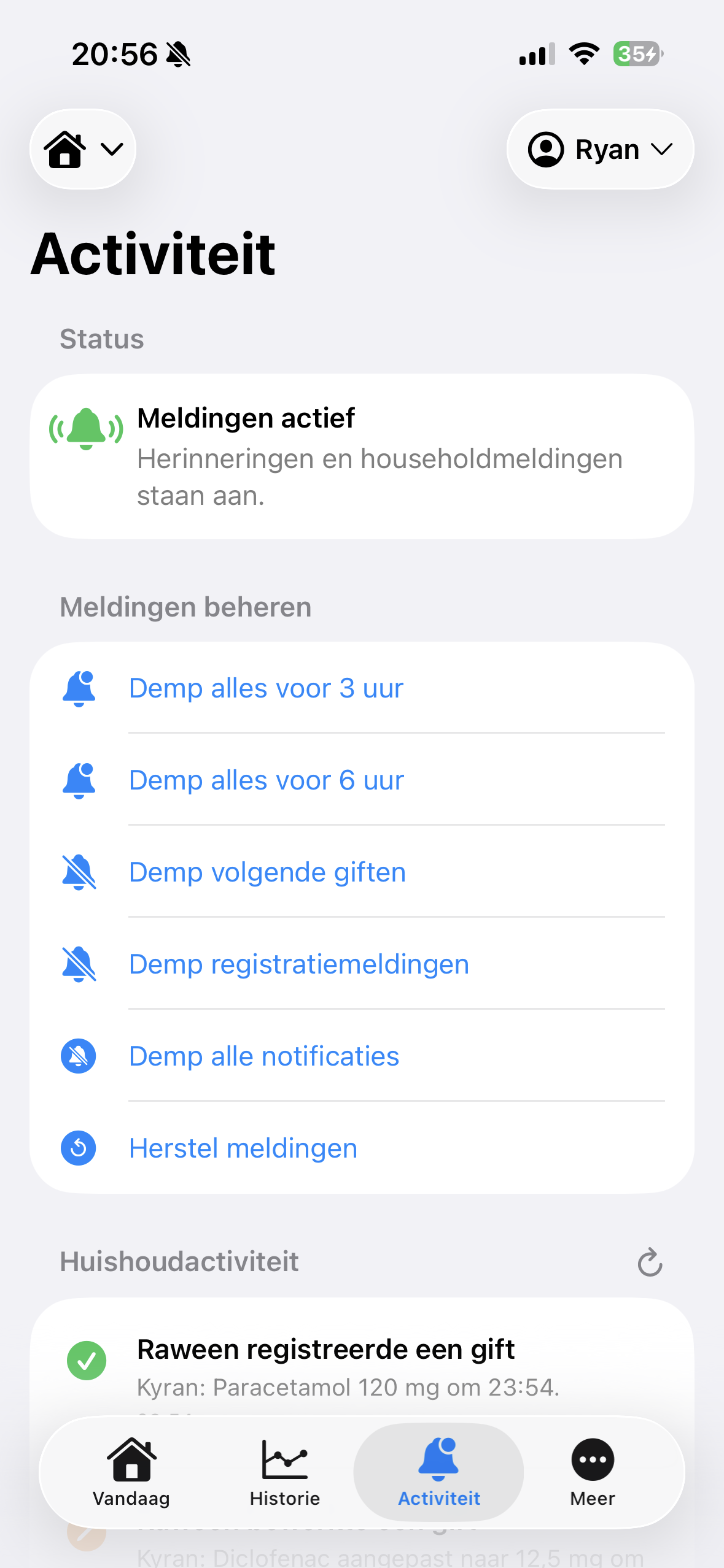 Activiteit en meldingen in Analgesie Thuis