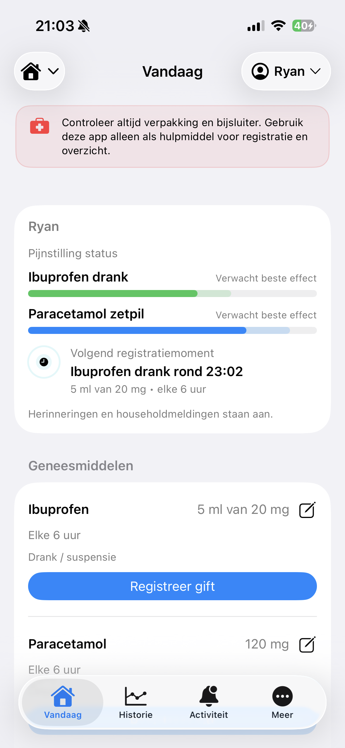 Analgesie thuisoverzicht met verwachte pijnstillingscurve